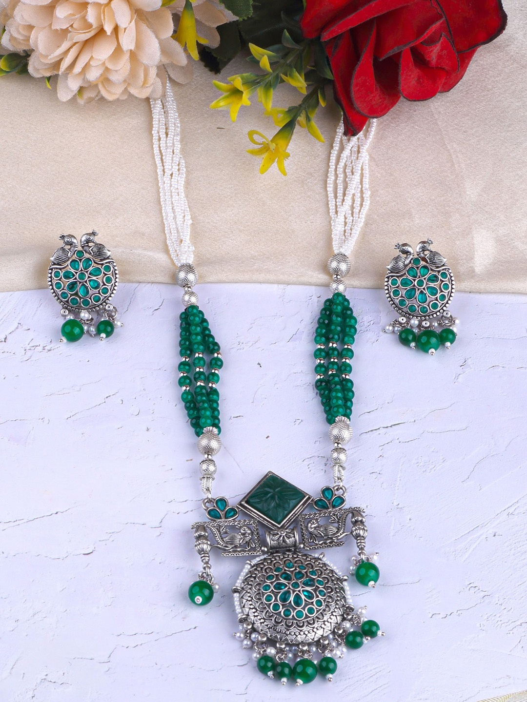 

GRIIHAM Silver-Plated AD-Studded & Beaded Oxidised Jewellery Set