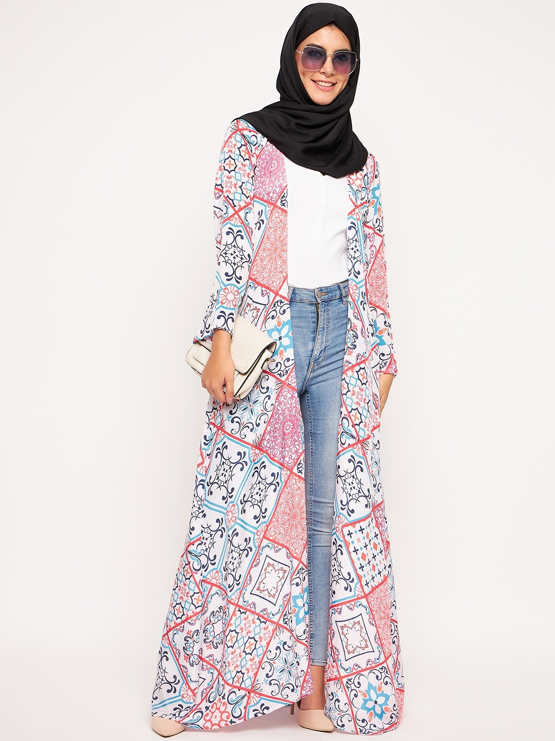 

NABIA Printed Front Open Shrug Comfortable Abaya, White