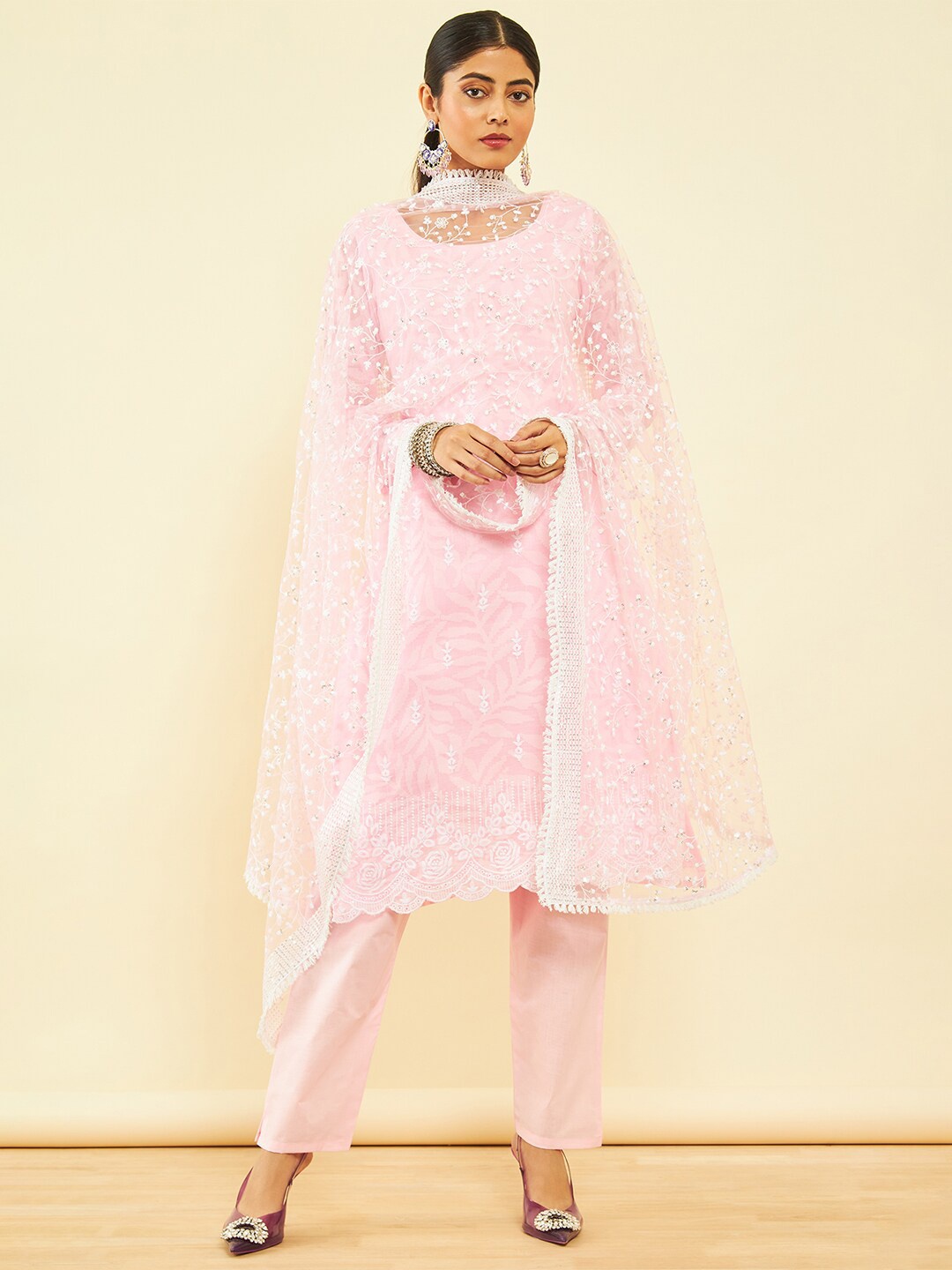 

Soch Ethnic Motifs Embroidered Sequinned Pure Cotton Unstitched Dress Material, Pink