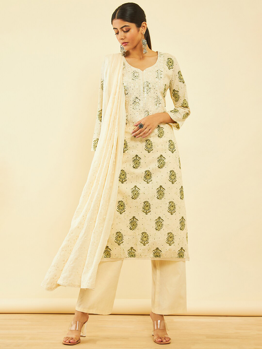 

Soch Green & Cream-Coloured Printed Pure Cotton Unstitched Dress Material