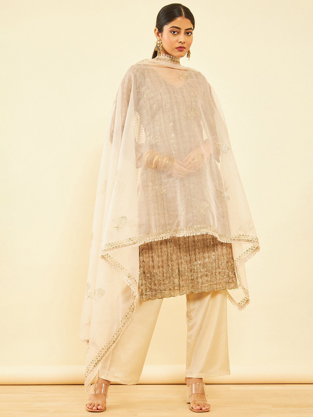 

Soch Embellished Organza Unstitched Dress Material, Beige