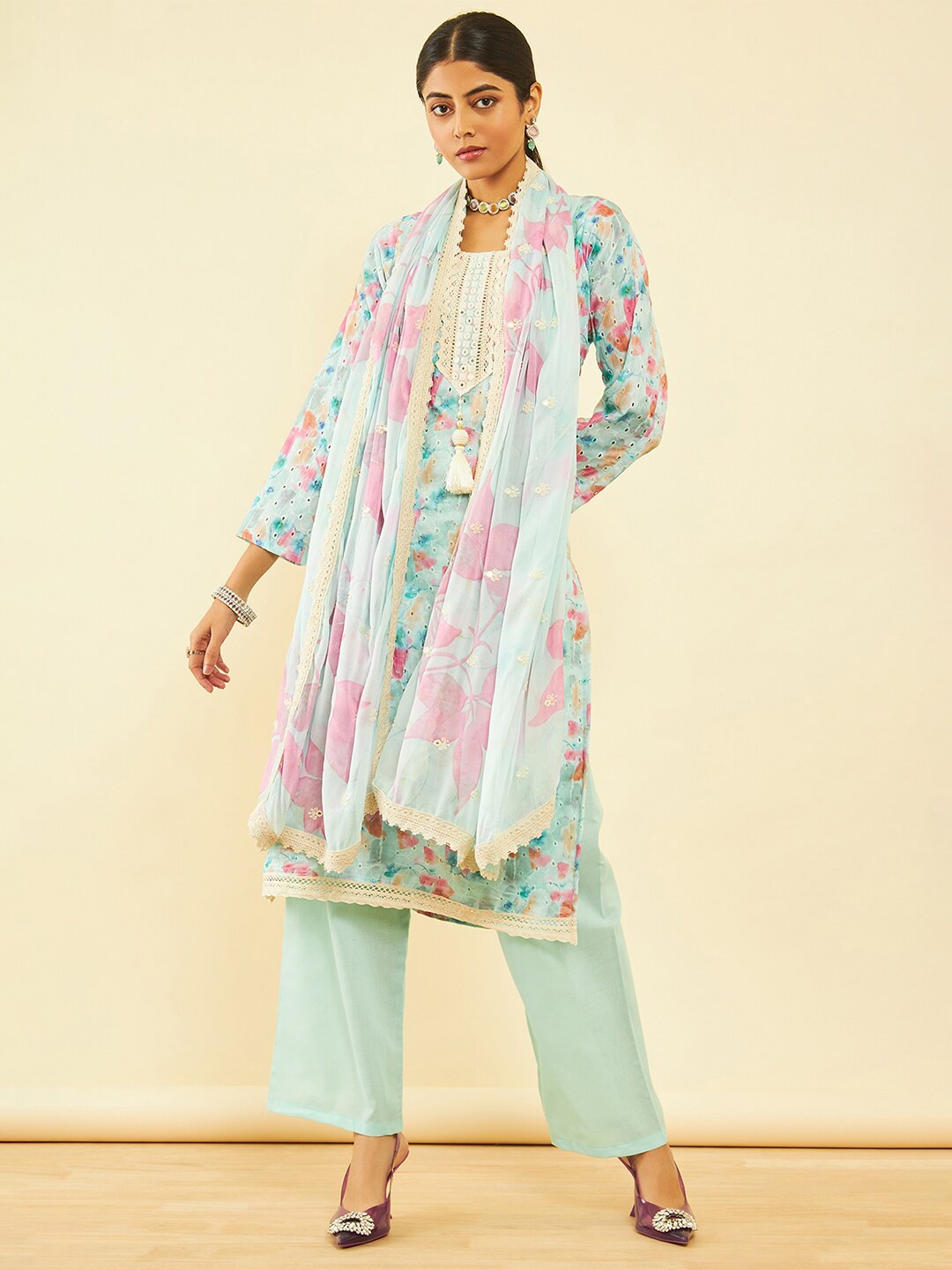 

Soch Turquoise Blue & Pink Printed Pure Cotton Unstitched Dress Material