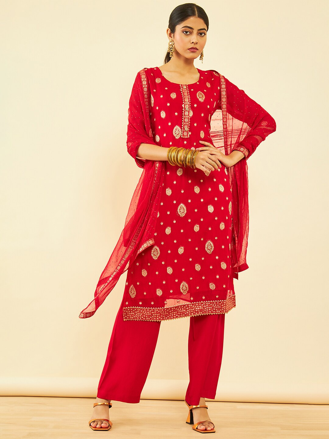 

Soch Red & Cream-Coloured Embellished Organza Unstitched Dress Material