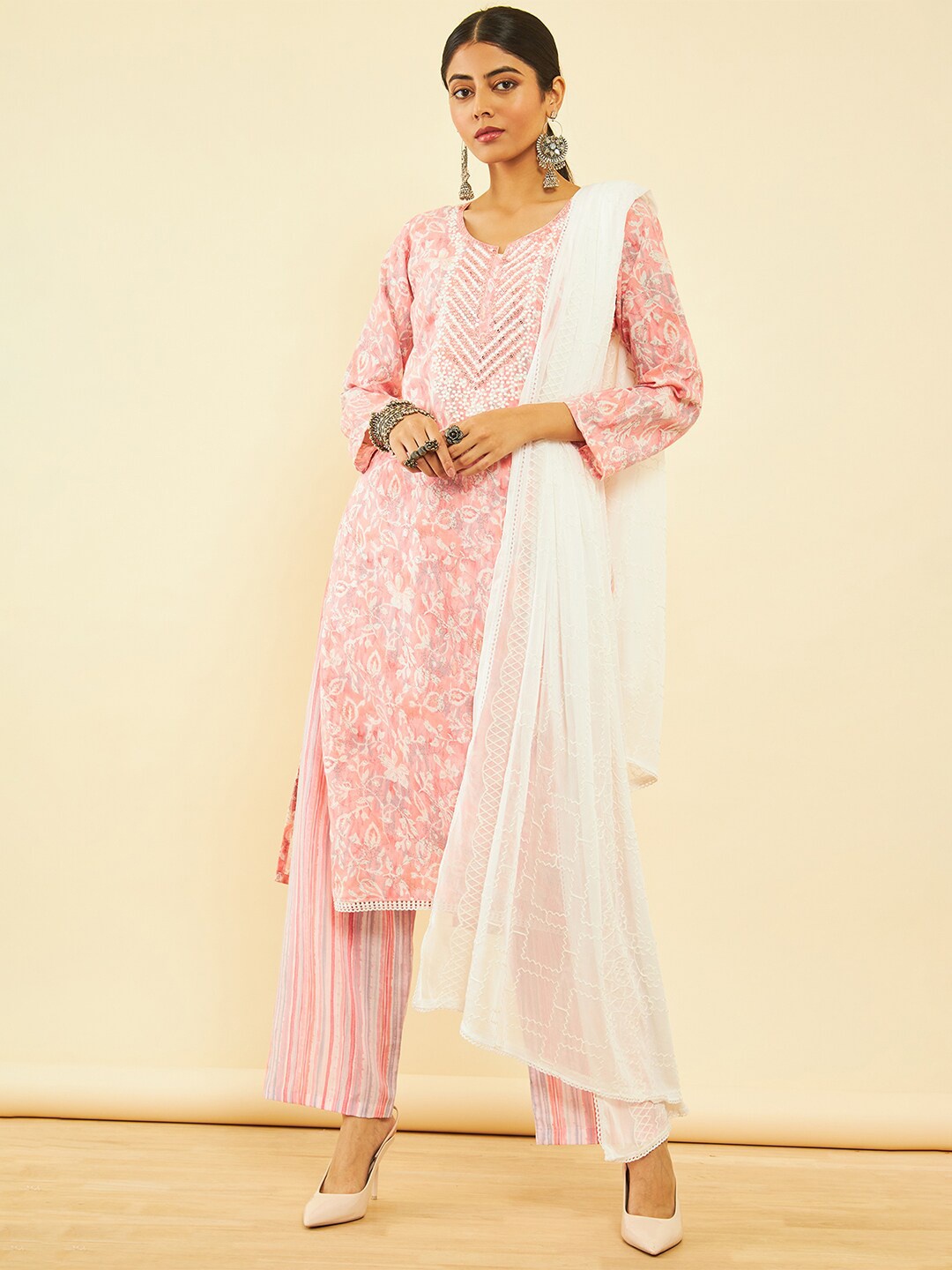 

Soch Peach-Coloured & White Floral Printed Sequined Pure Cotton Unstitched Dress Material