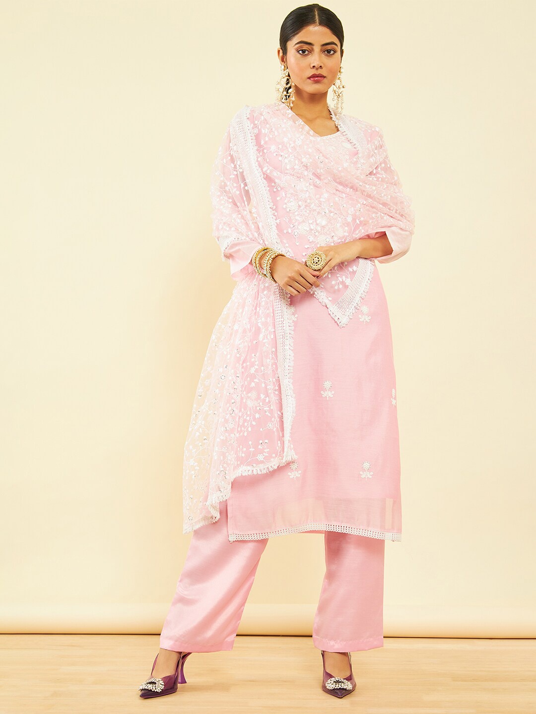 

Soch Pink Ethnic Motifs Embroidered Sequined Chanderi Cotton Unstitched Dress Material