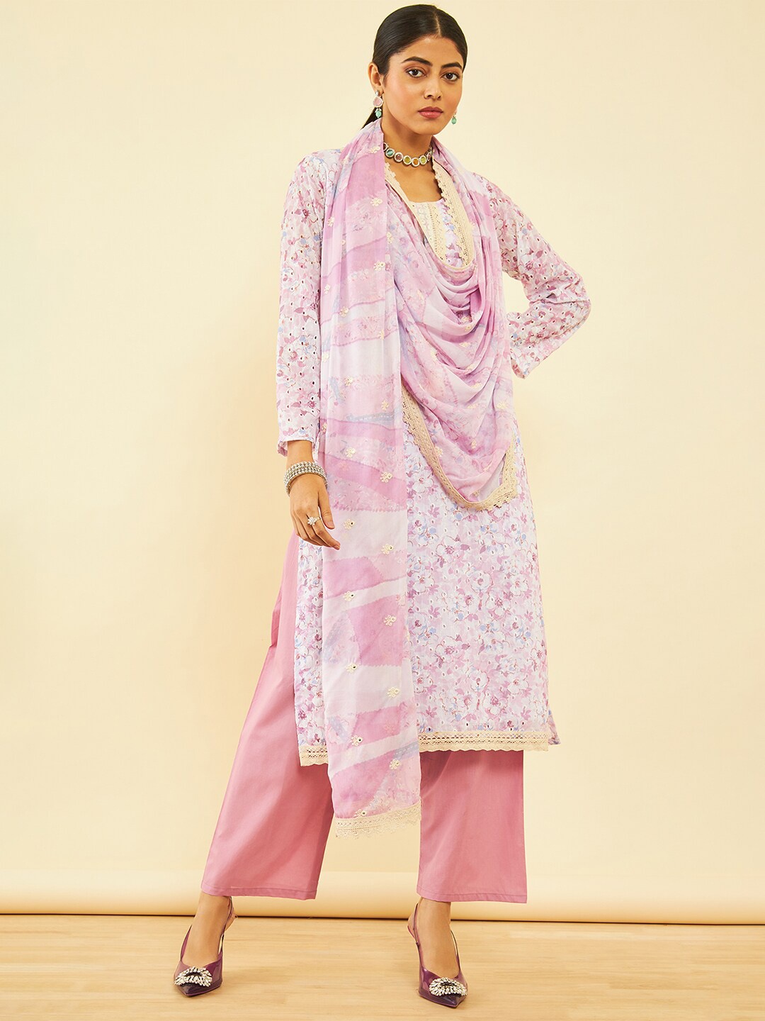 

Soch Floral Printed Mirror Work Pure Cotton Unstitched Dress Material, Pink