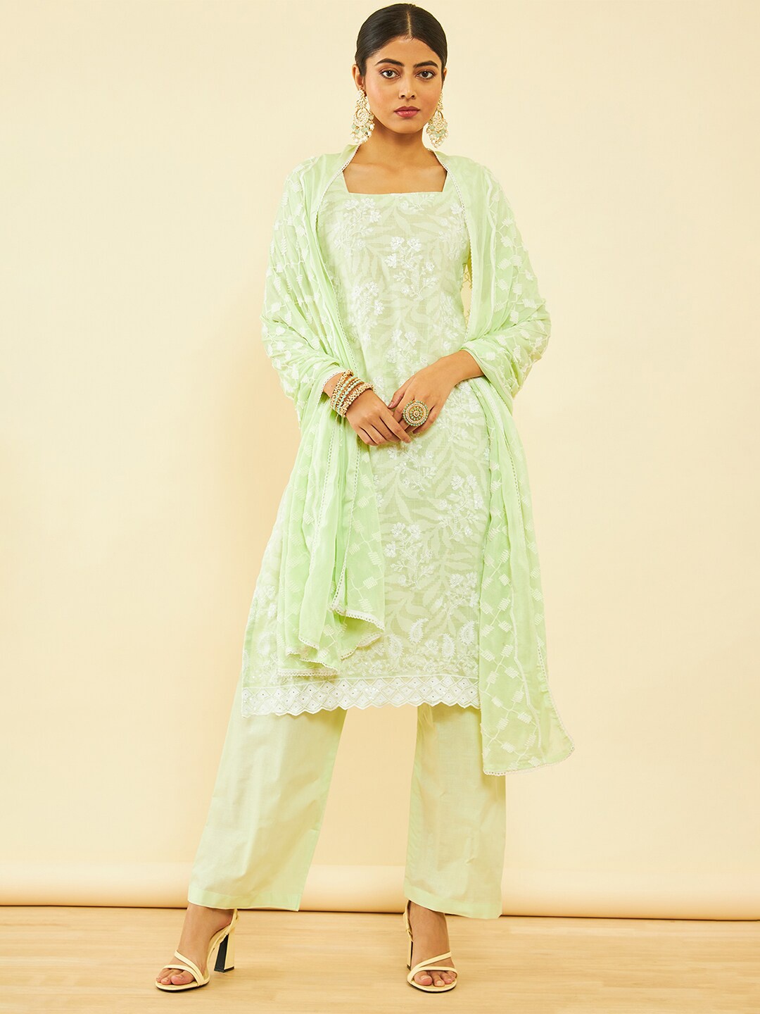 

Soch Green & White Embroidered Pure Cotton Unstitched Dress Material