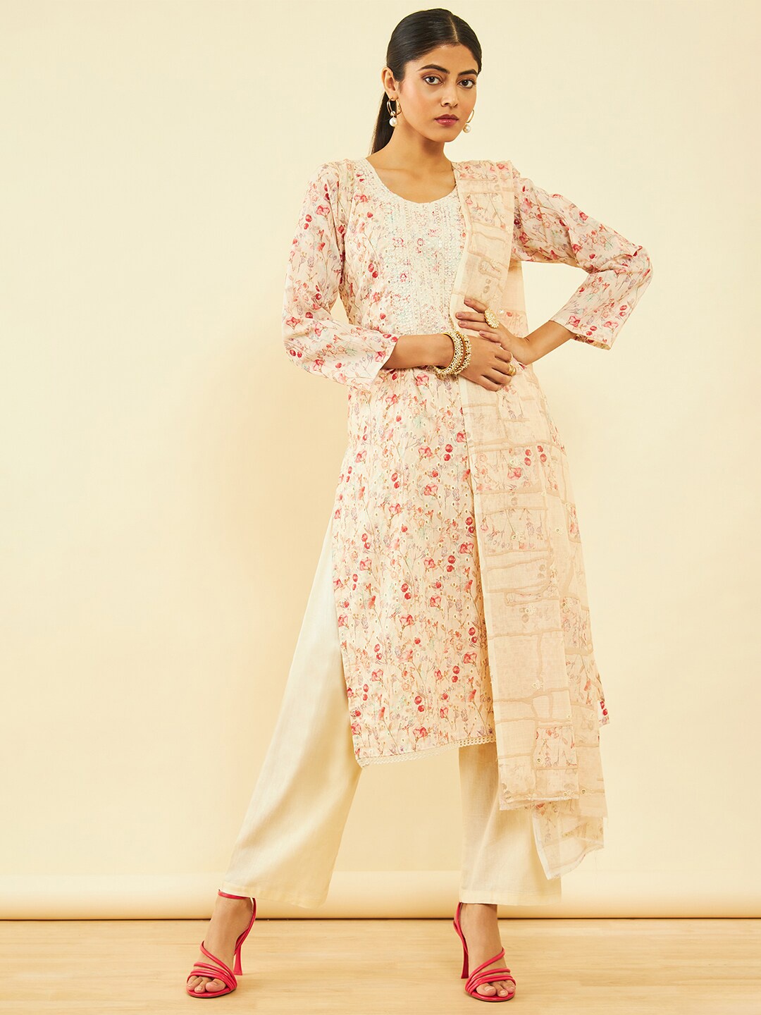 

Soch Beige & Red Floral Printed Pure Cotton Unstitched Dress Material