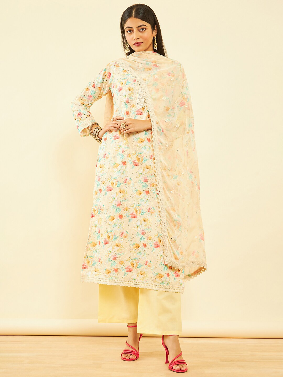 

Soch Beige & Red Printed Pure Cotton Unstitched Dress Material