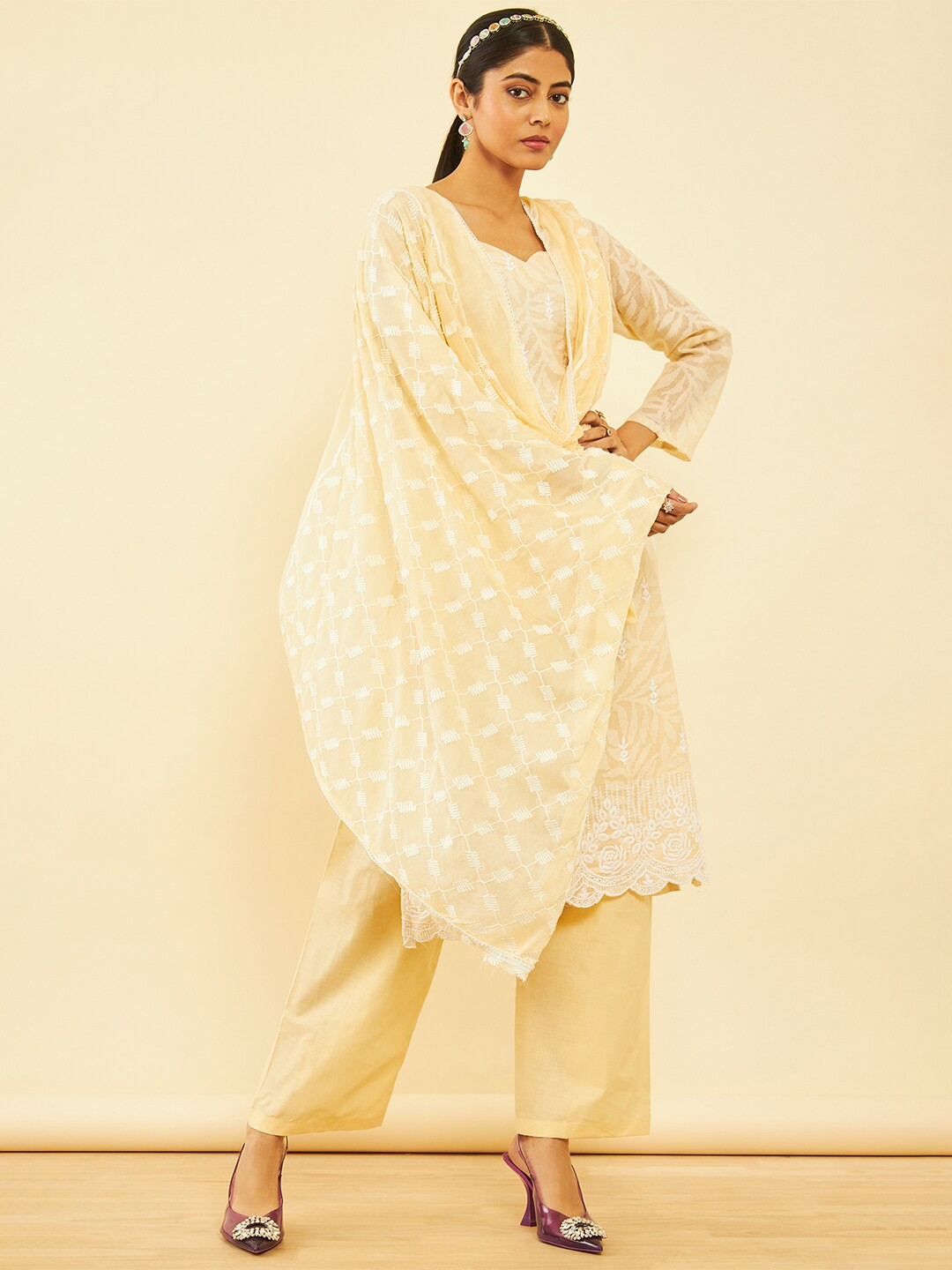 

Soch Ethnic Motif Embroidered Pure Cotton Unstitched Dress Material, Beige