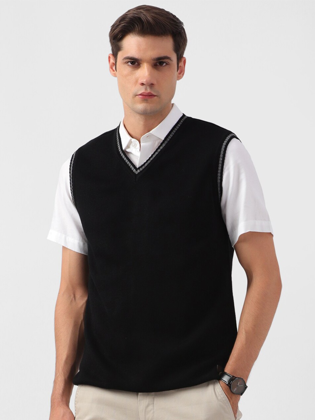 

Peter England Casuals V-Neck Sleeveless Acrylic Sweater Vest, Black