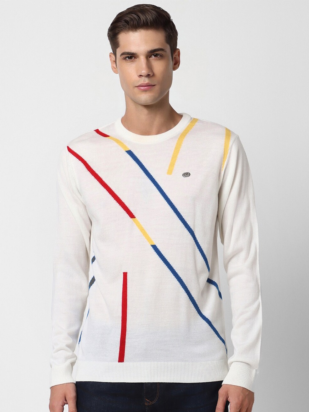 

Peter England Casuals Geometric Printed Round Neck Long Sleeve Acrylic Pullover Sweater, White
