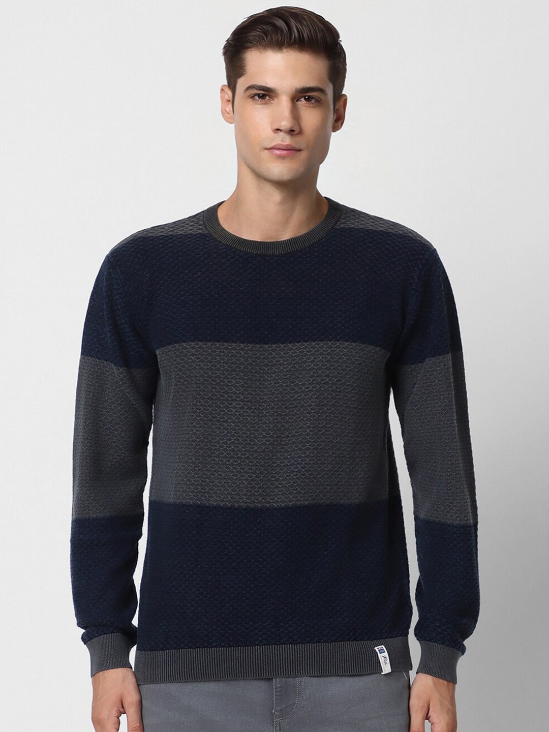 

Peter England Casuals Colourblocked Pure Cotton Pullover Sweater, Navy blue