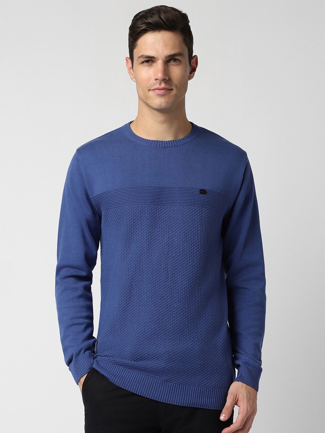 

Peter England Casuals Self Design Round Neck Long Sleeve Cotton Pullover Sweater, Blue