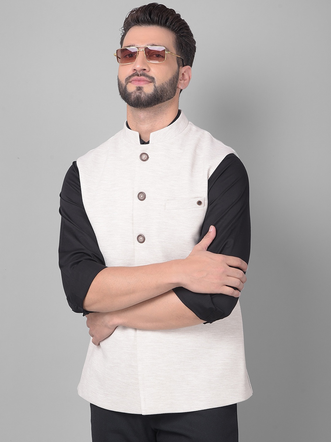 

Crimsoune Club Mandarin Collar Nehru Jacket, Cream