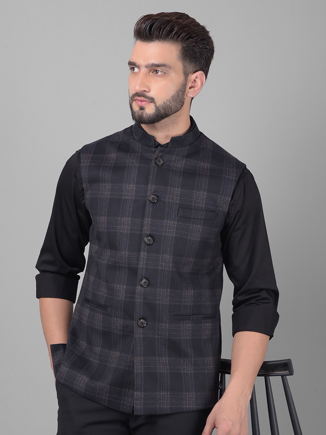 

Crimsoune Club Checked Mandarin Collar Nehru Jacket, Black