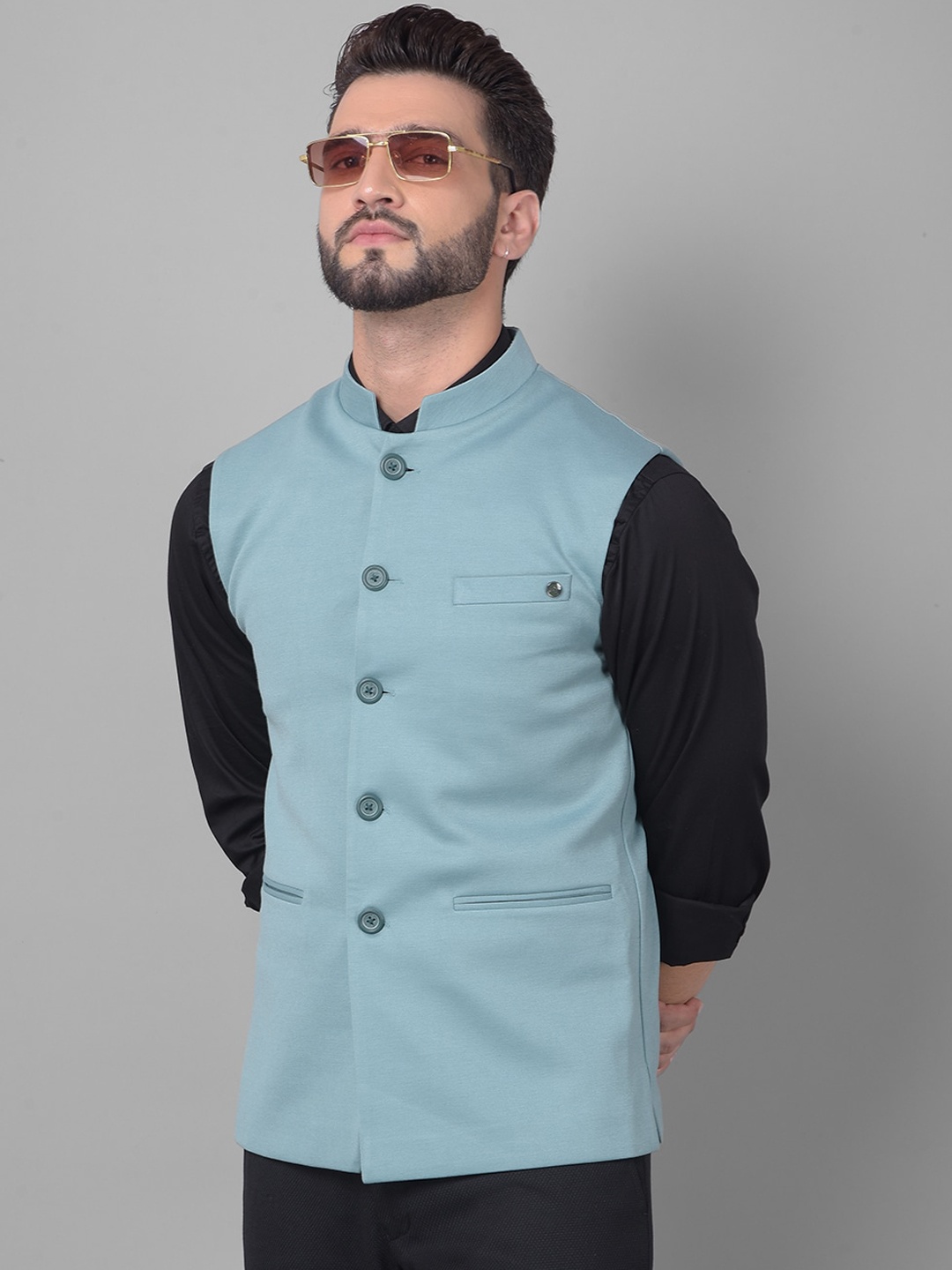 

Crimsoune Club Mandarin Collar Woven Nehru Jacket, Green