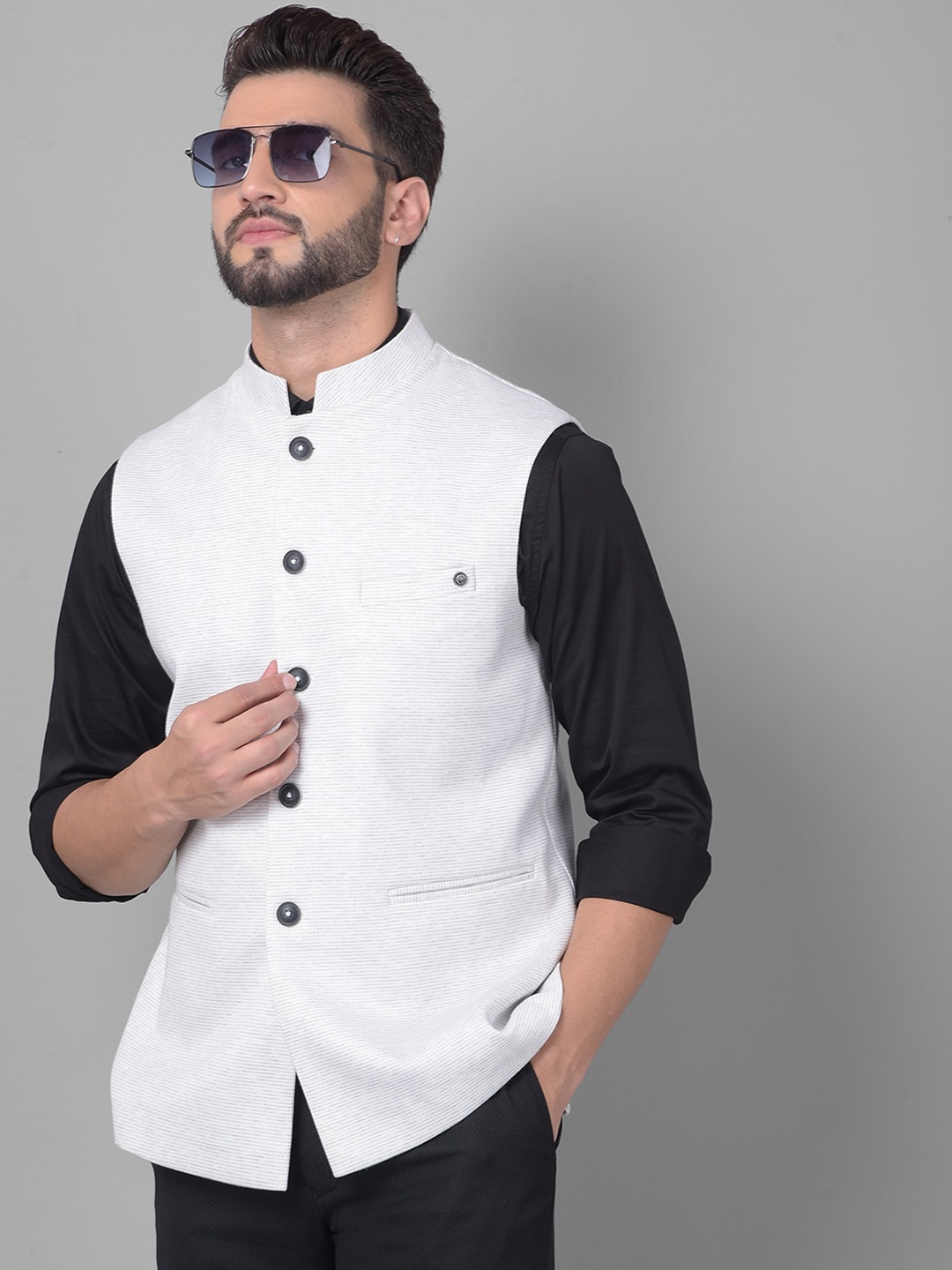 

Crimsoune Club Printed Mandarin Collar Nehru Jacket, Off white