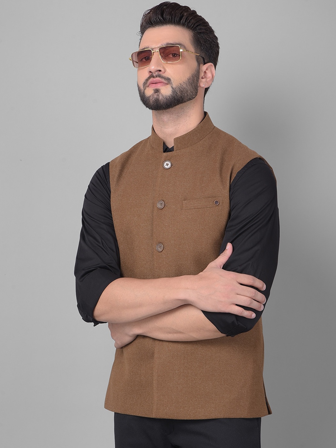 

Crimsoune Club Mandarin Collar Woven Nehru Jacket, Brown