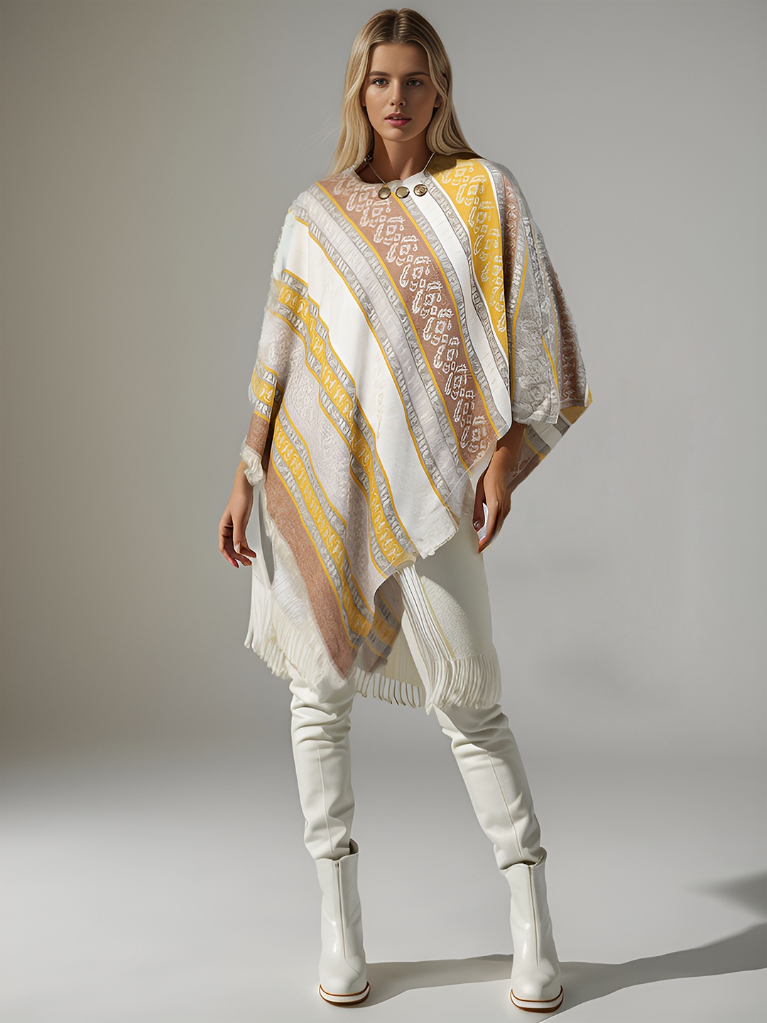 

Taurus Printed Acrylic Frinched Poncho Sweater, Mustard