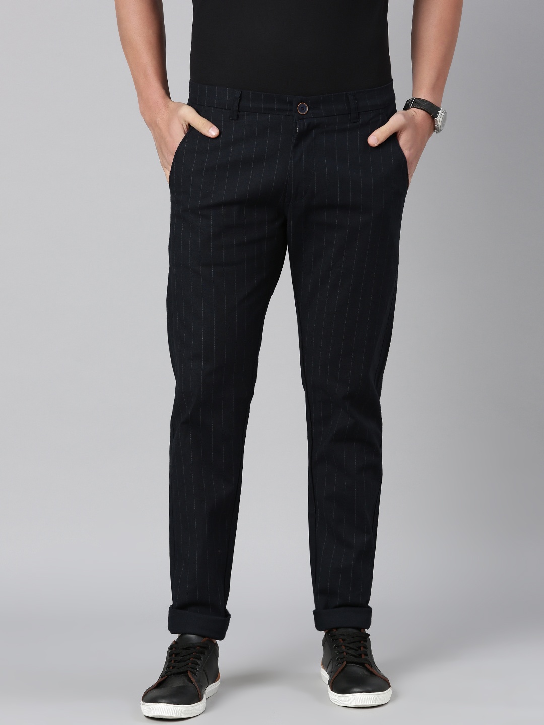 

Majestic Man Men Striped Smart Slim Fit Easy Wash Trousers, Navy blue