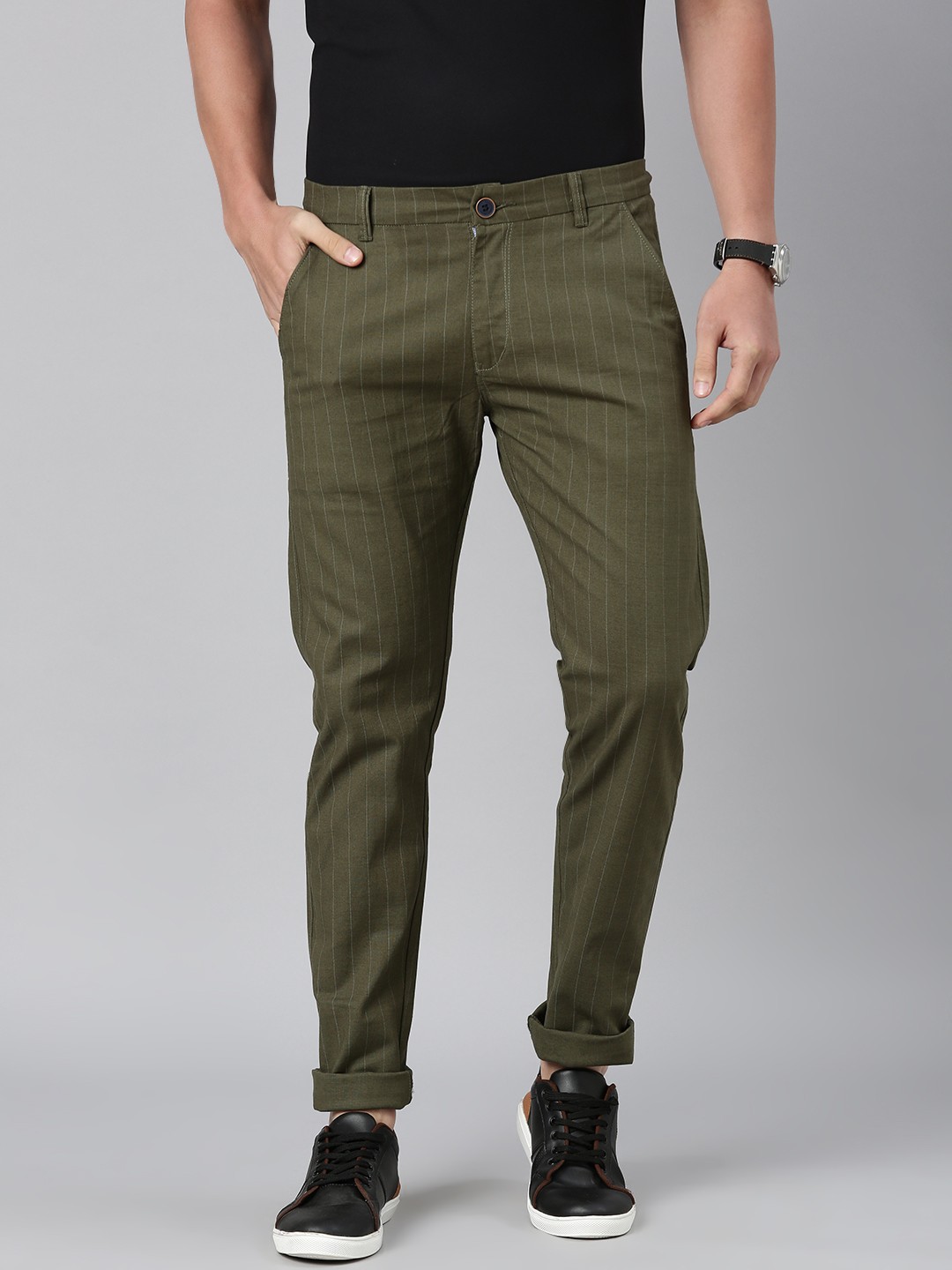 

Majestic Man Men Striped Smart Slim Fit Easy Wash Trousers, Olive