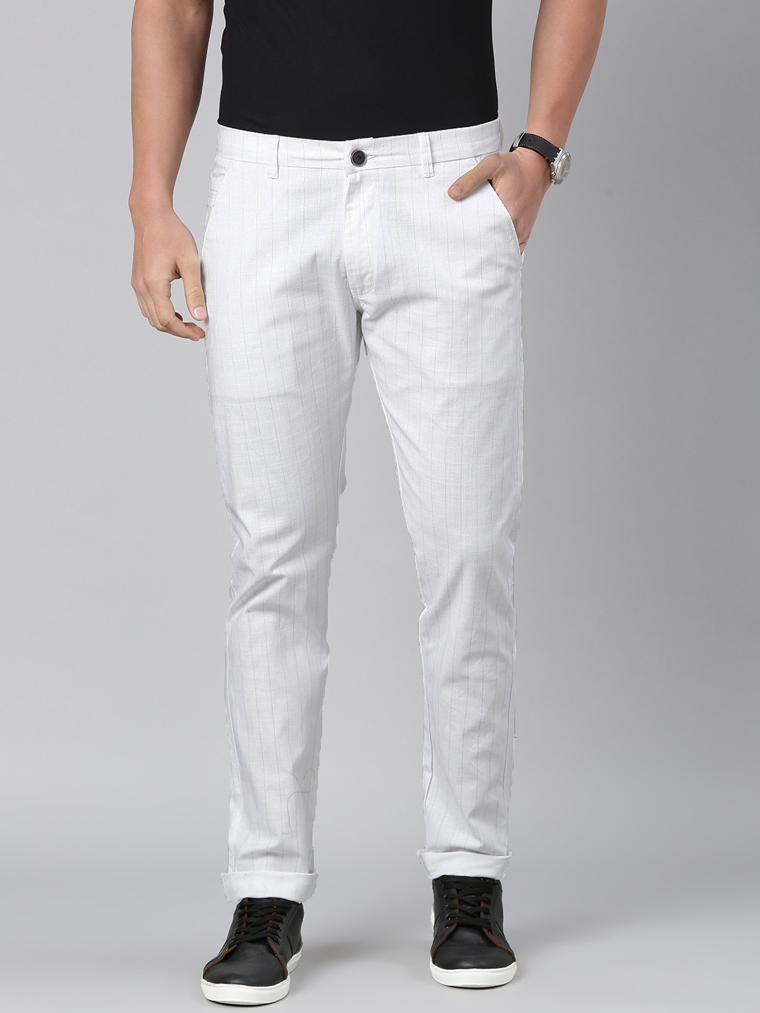 

Majestic Man Men Striped Smart Slim Fit Easy Wash Trousers, White