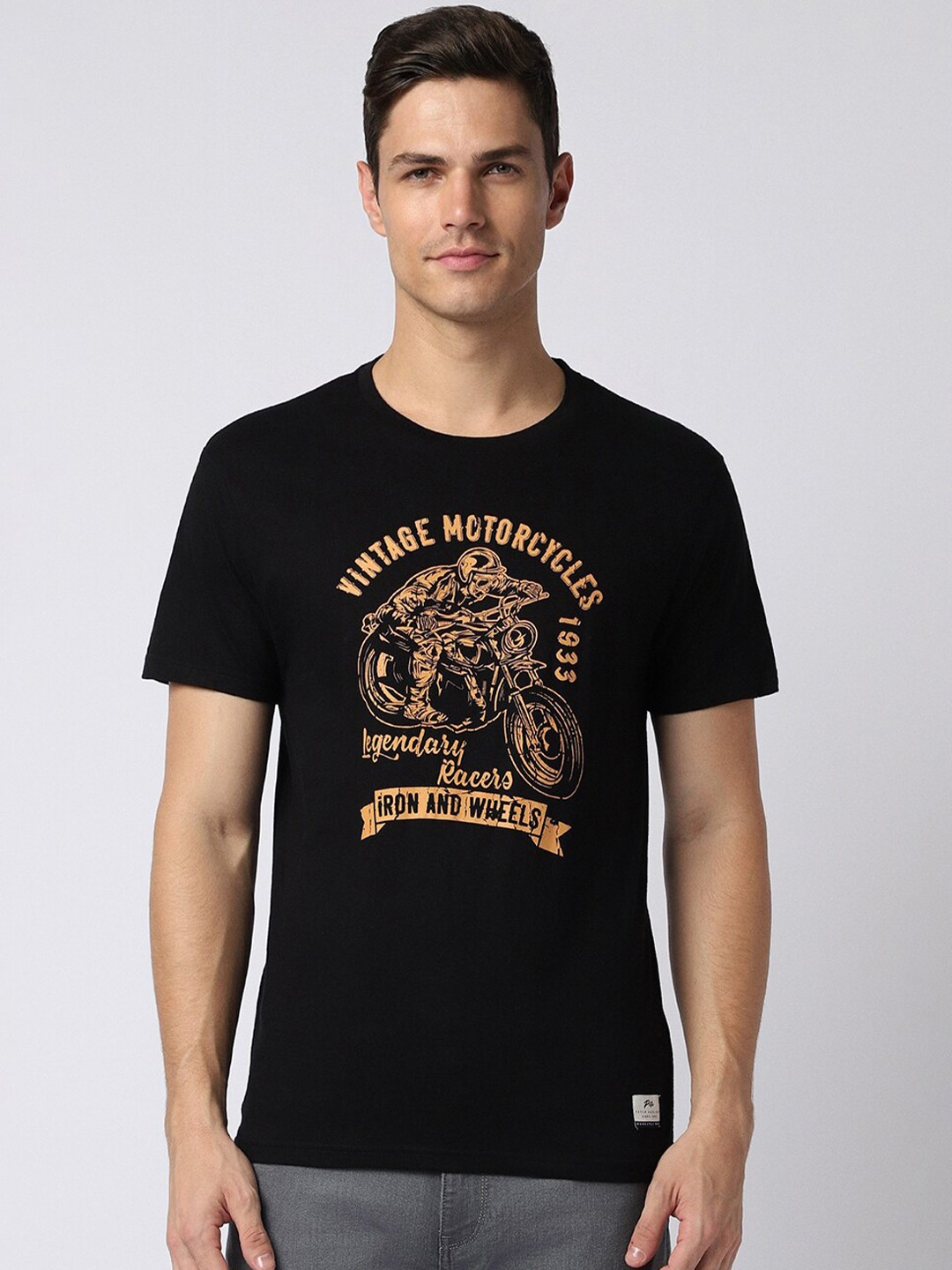 

Peter England Casuals Biker Printed Round Neck Slim Fit T-shirt, Black