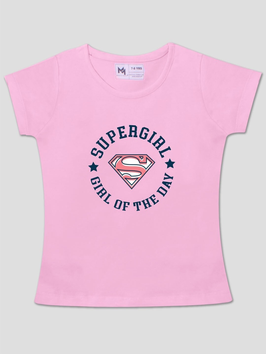 

Minute Mirth Girls Supergirl Printed Round Neck Short Sleeves Cotton T-shirt, Pink