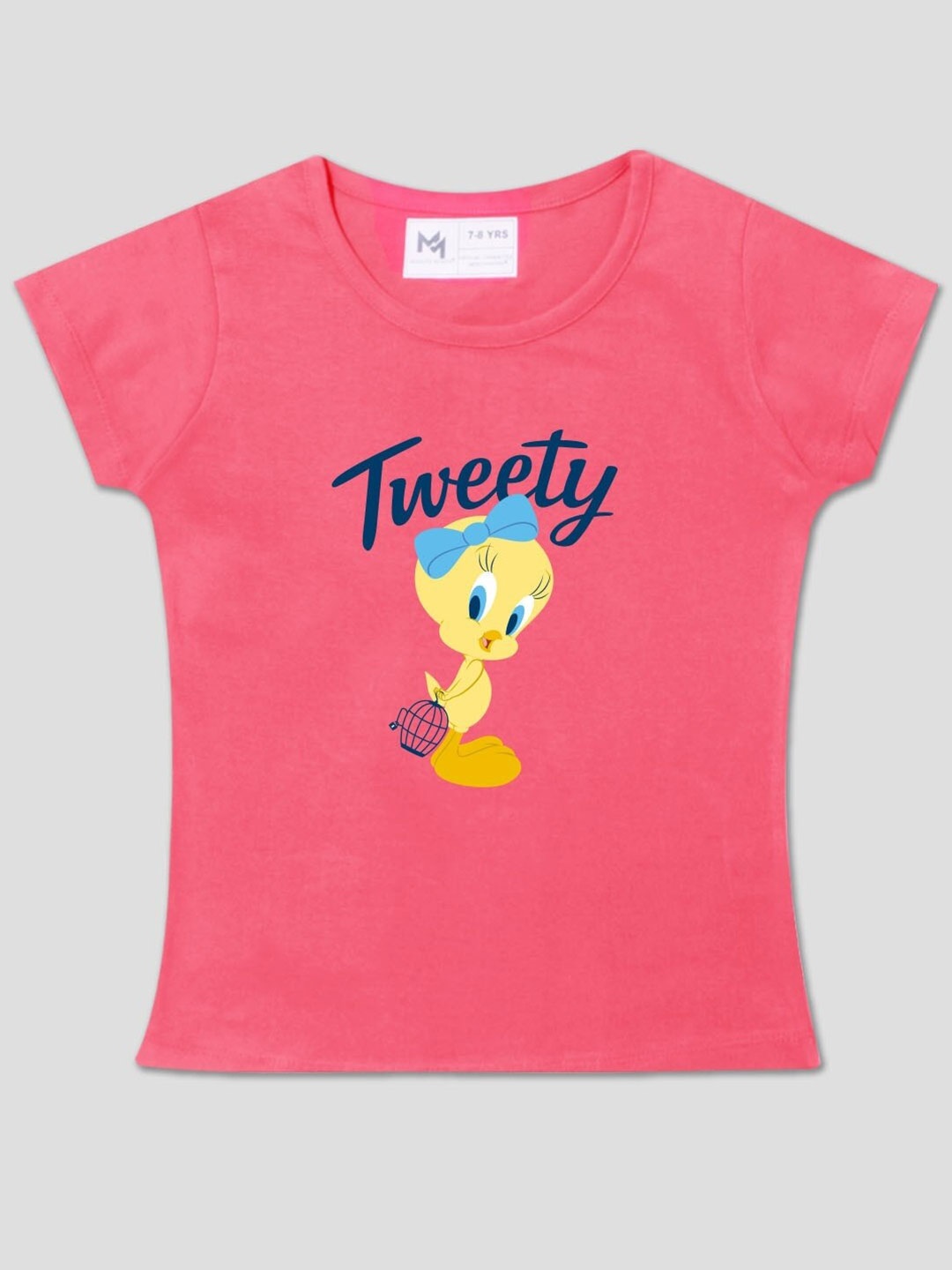 

Minute Mirth Girls Tweety Printed Round Neck Short Sleeves Cotton T-shirt, Coral