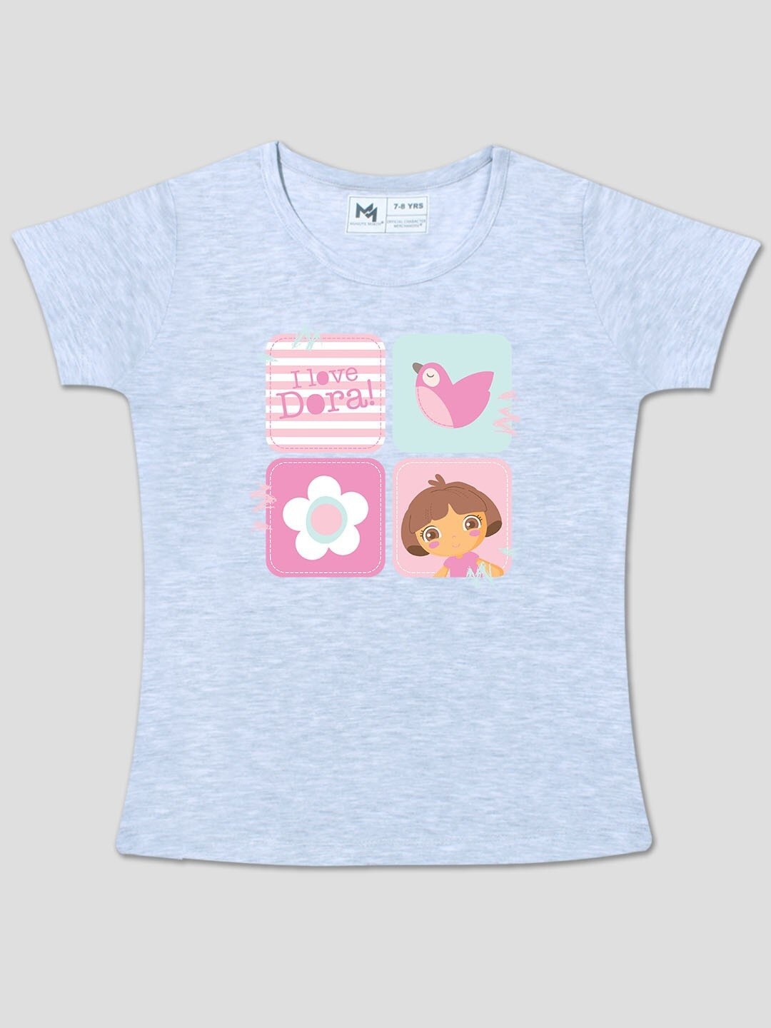

Minute Mirth Girls Dora Printed Round Neck Short Sleeves Cotton T-shirt, Grey
