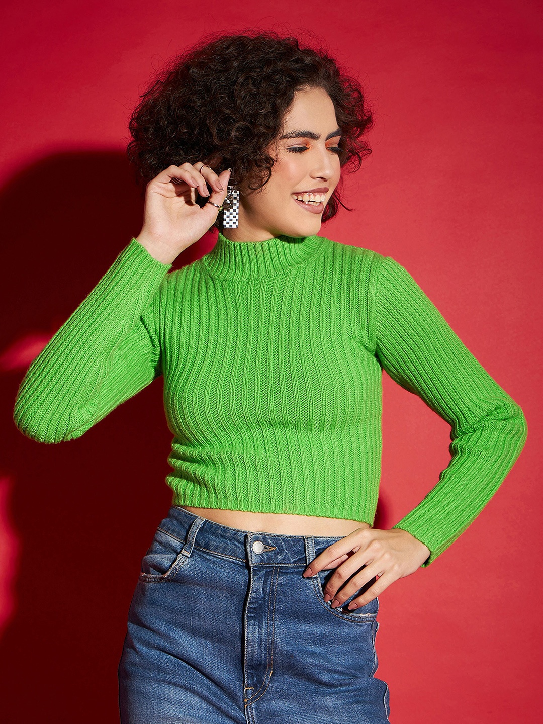

SASSAFRAS Green Ribbed High Neck Acrylic Crop Pullover Sweater