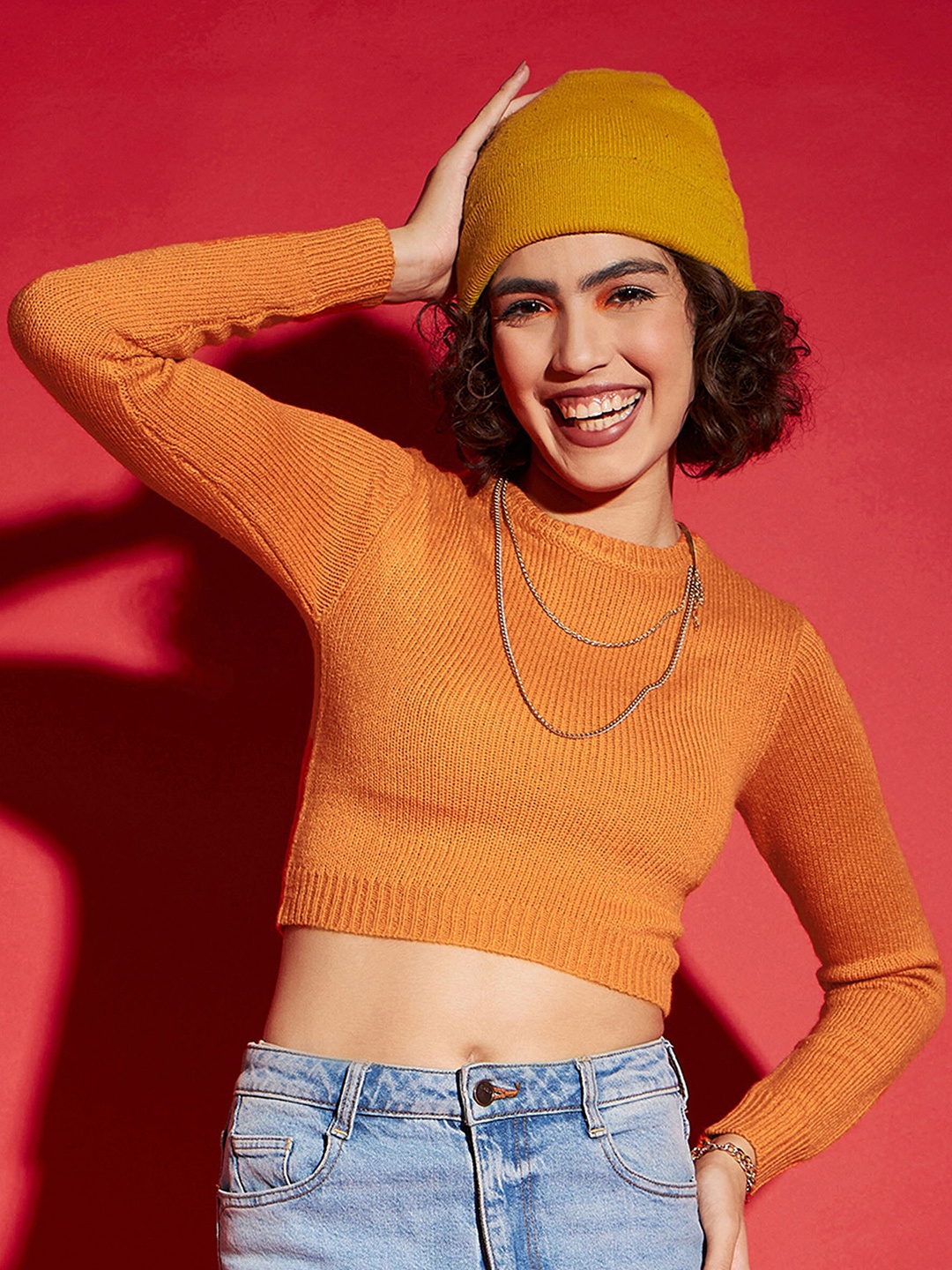 

SASSAFRAS Cable Knit Self Design Ribbed Acrylic Crop Pullover, Orange