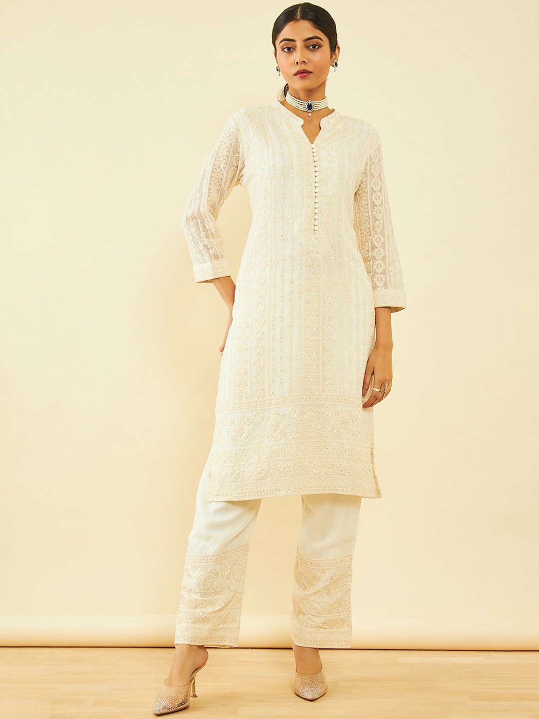 

Soch Floral Embroidered Regular Sequinned Kurta With Trousers, Off white