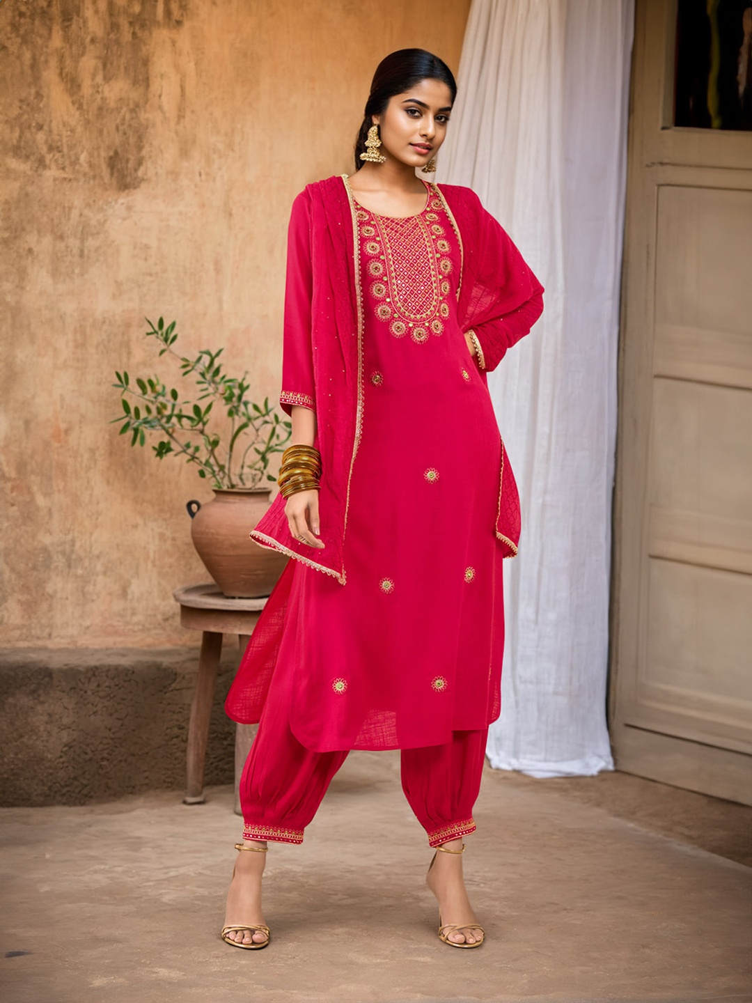 

Soch Ethnic Motifs Embroidered Mirror Work Kurta & Salwar With Dupatta, Pink