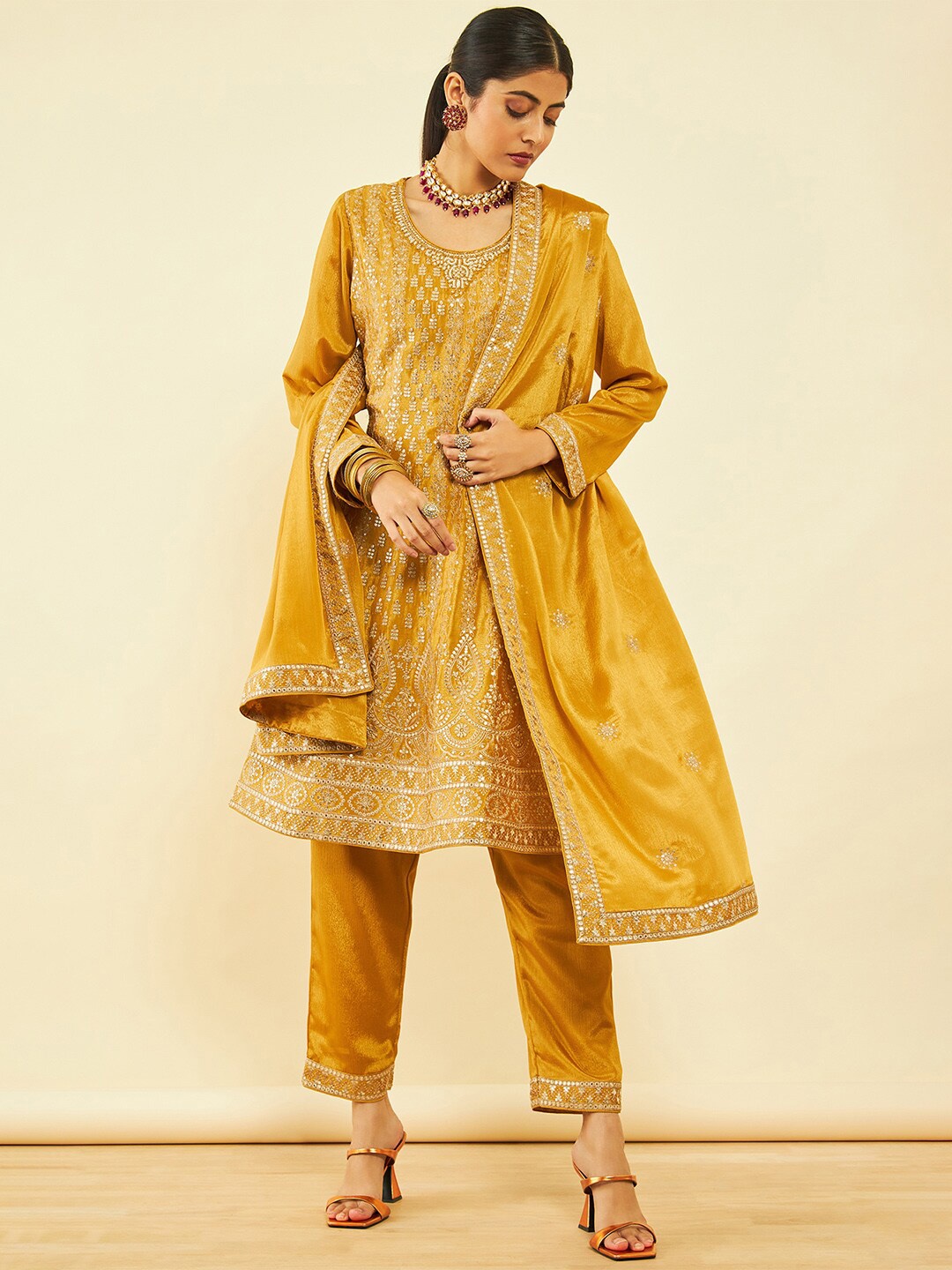 

Soch Floral Embroidered Regular Sequinned Kurta With Trousers & Dupatta, Mustard
