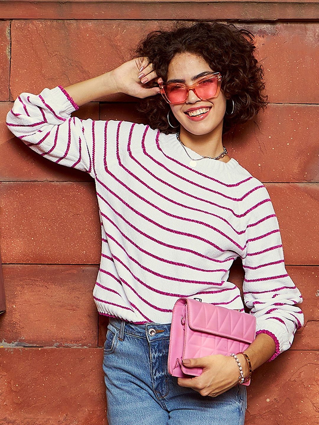 

SASSAFRAS Striped Ribbed Pullover Sweater, Pink