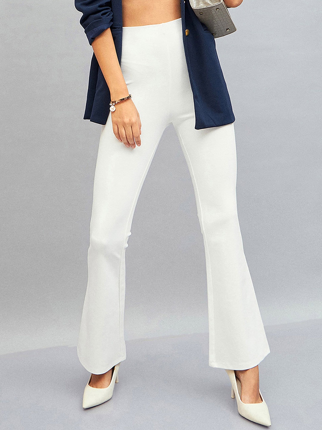 

SASSAFRAS Women Slim Fit Mid-Rise Bootcut Trousers, White
