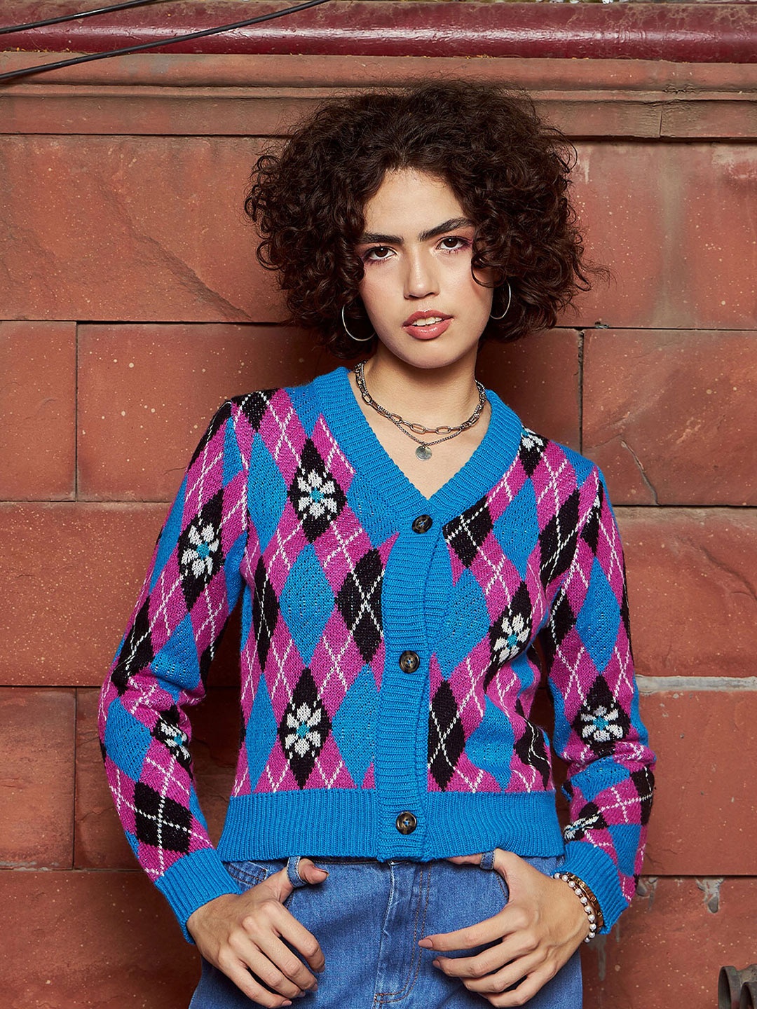 

SASSAFRAS Blue Checked Woollen Cardigan