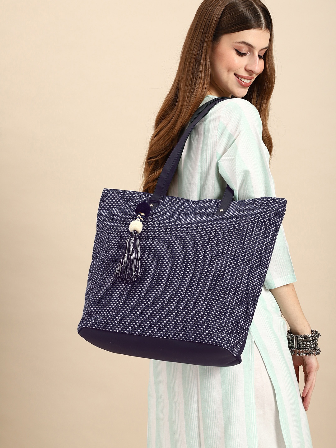 

Anouk Textured Tasselled Oversized Shopper Tote Bag, Navy blue