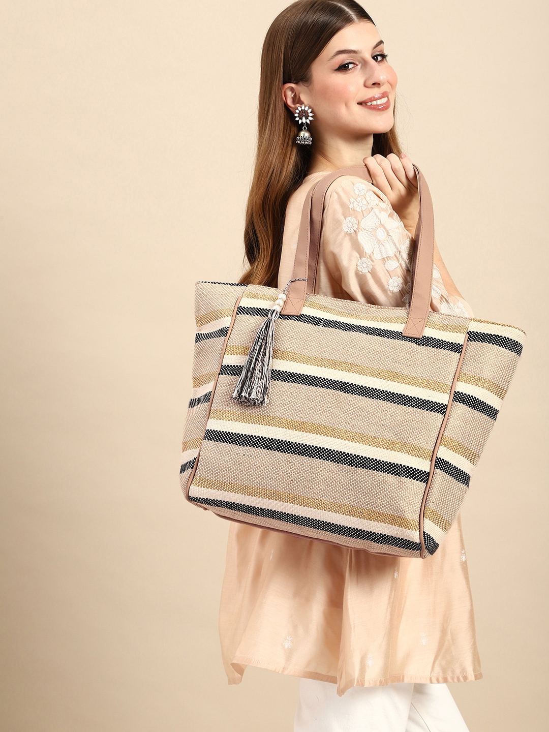 

Anouk Striped Tasselled Oversized Shopper Tote Bag, Beige