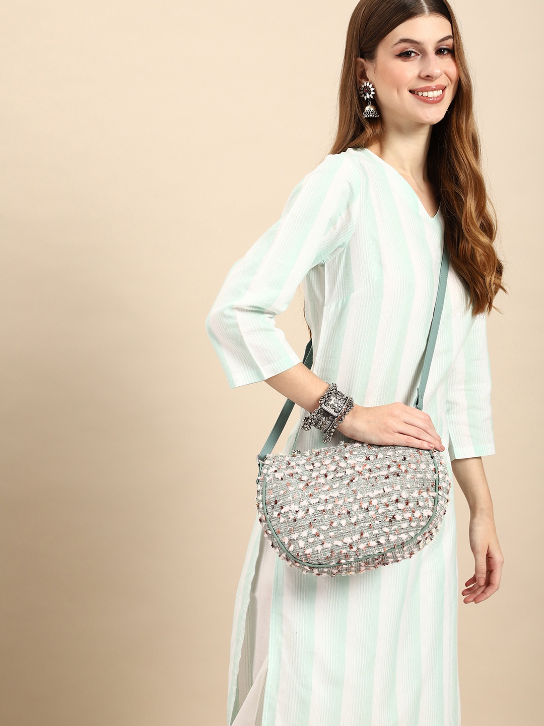 

Anouk Embroidered Structured Sling Bag, Teal