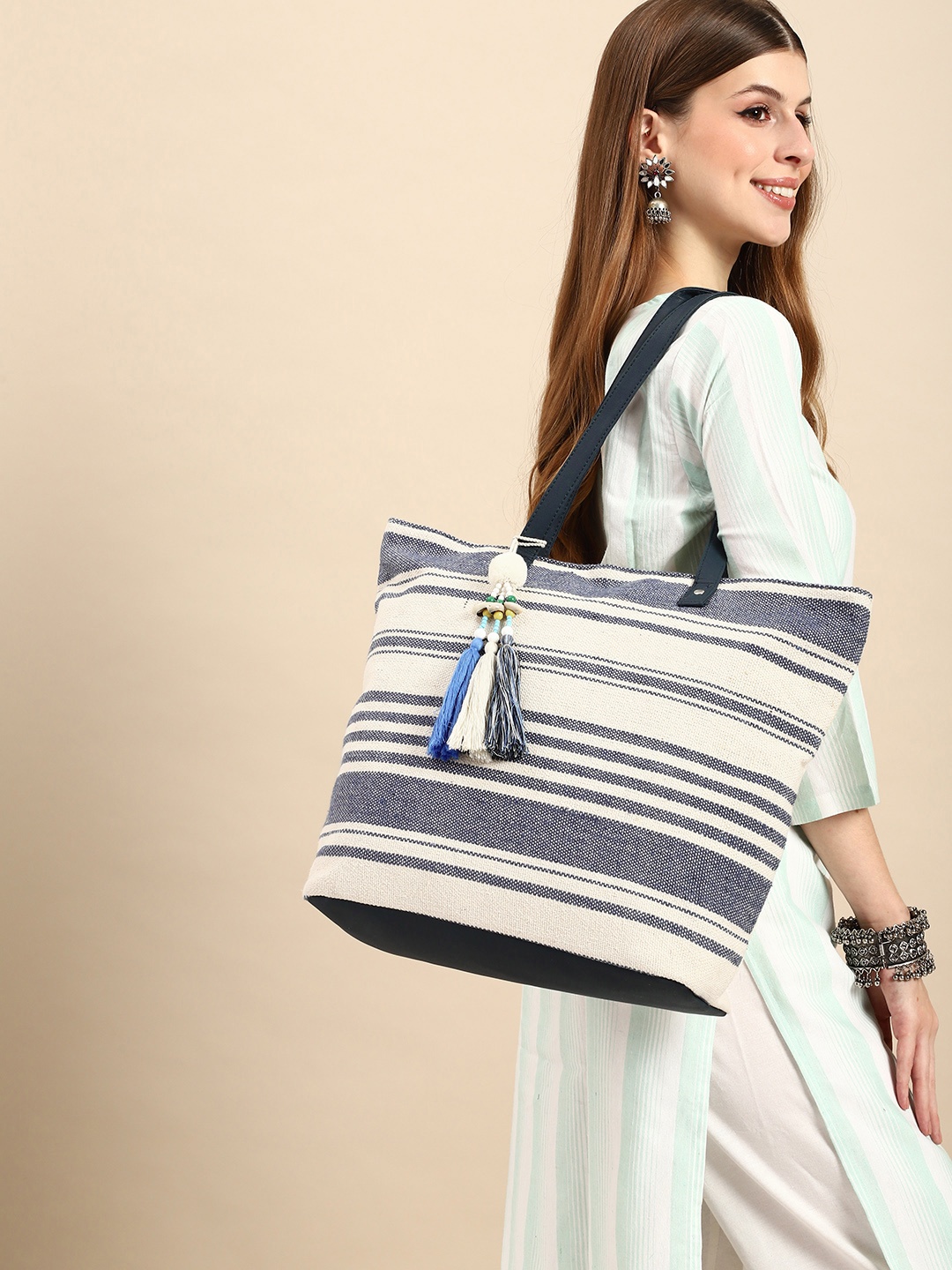 

Anouk Striped Tasselled Oversized Shopper Tote Bag, Blue