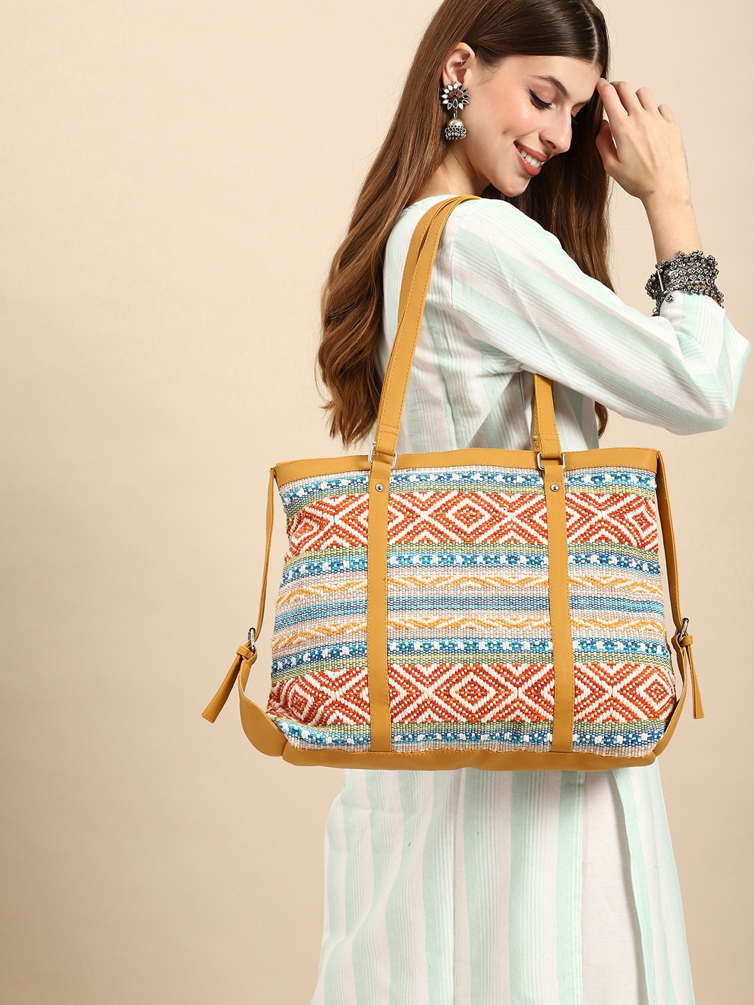 

Anouk Geometric Printed Embroidered Oversized Shopper Tote Bag, Mustard