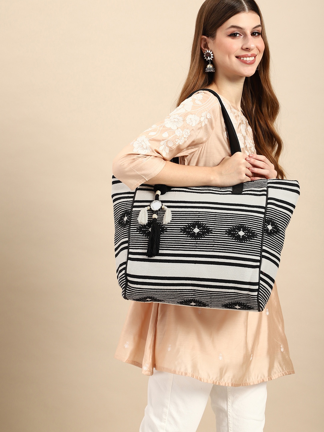 Anouk Striped Tasselled Oversized Shopper Tote Bag, Black