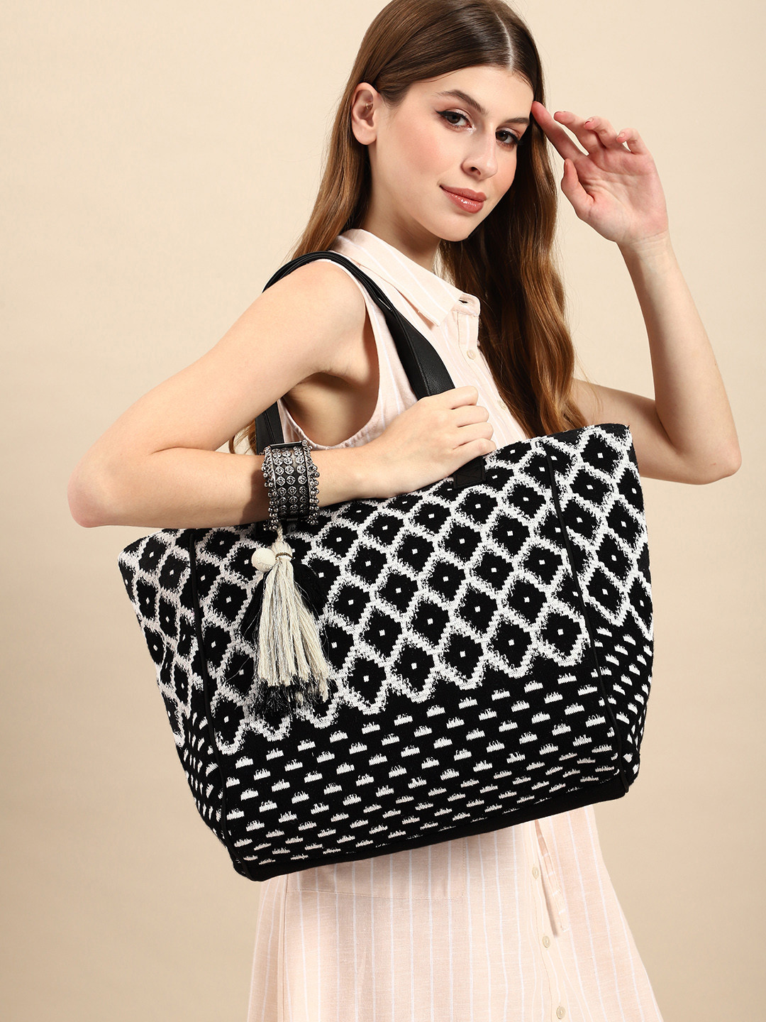 

Anouk Geometric Printed Tasselled Oversized Shopper Tote Bag, Black