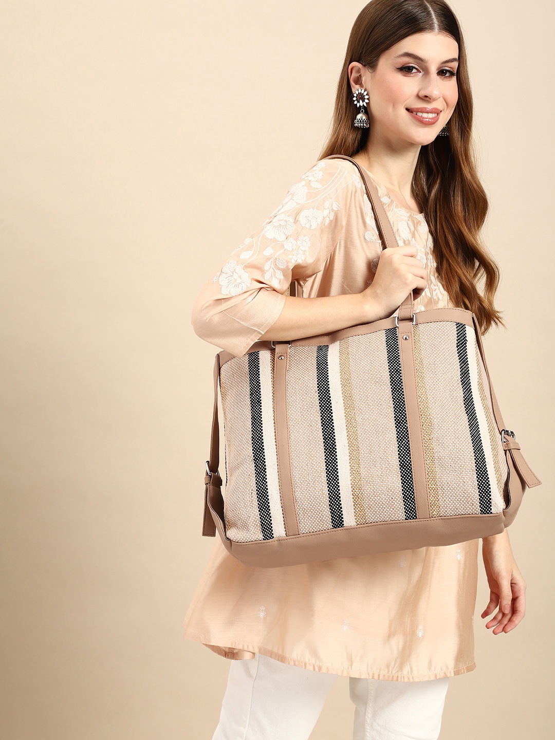 

Anouk Striped Oversized Shopper Tote Bag, Beige