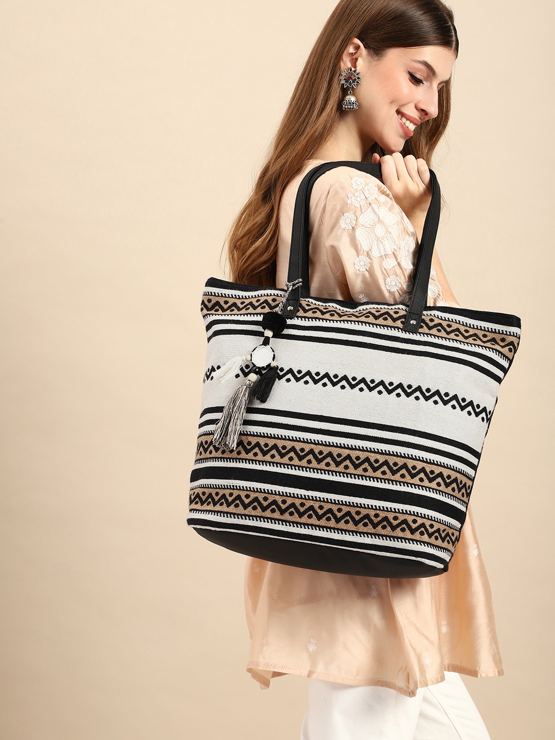 Anouk Geometric Printed Tasselled Oversized Shopper Tote Bag, Beige