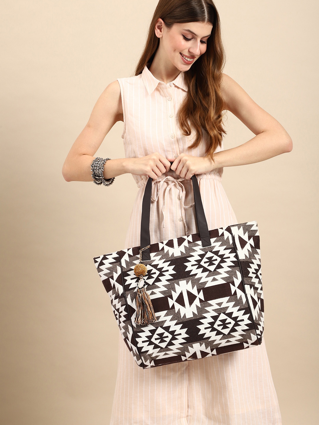 

Anouk Geometric Printed Tasselled Oversized Shopper Tote Bag, Black