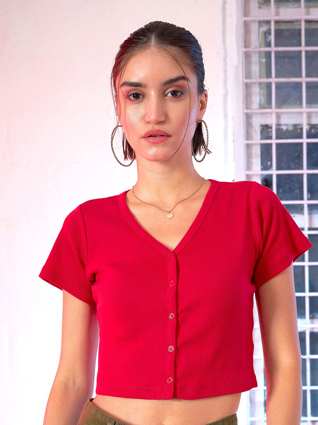 

SASSAFRAS V-Neck Short Sleeves Pure Cotton Crop Top, Red